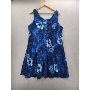 NaPua Collection Honolulu Blue Hibiscus Floral Hawaiian Dress Coconut Button L